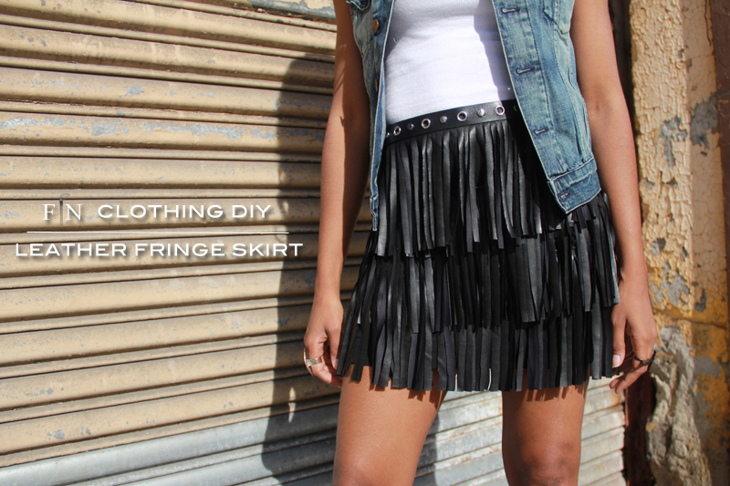 Leather fringe skirt made with faux leather from Mood Fabrics.
