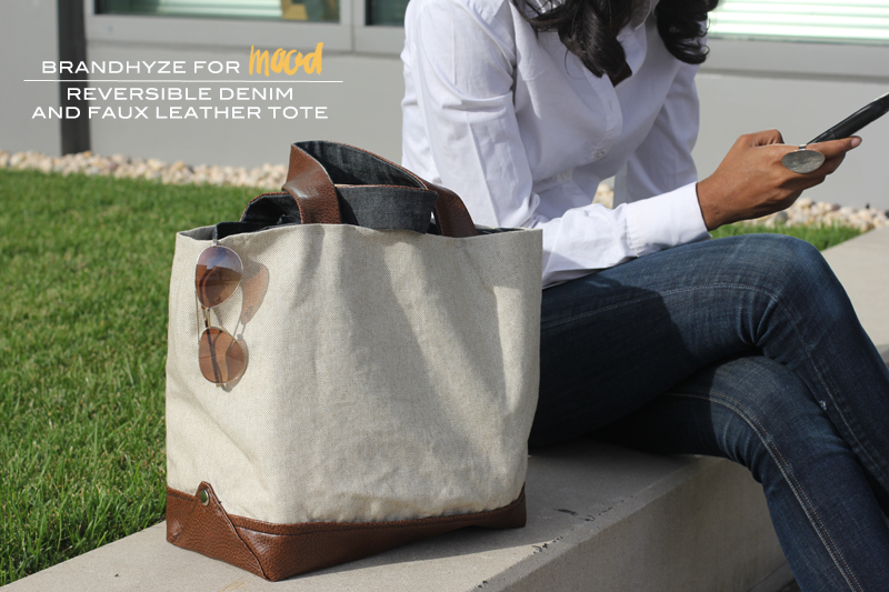 Reversible Denim and Faux Leather Tote made with Mood Fabrics materials and supplies.