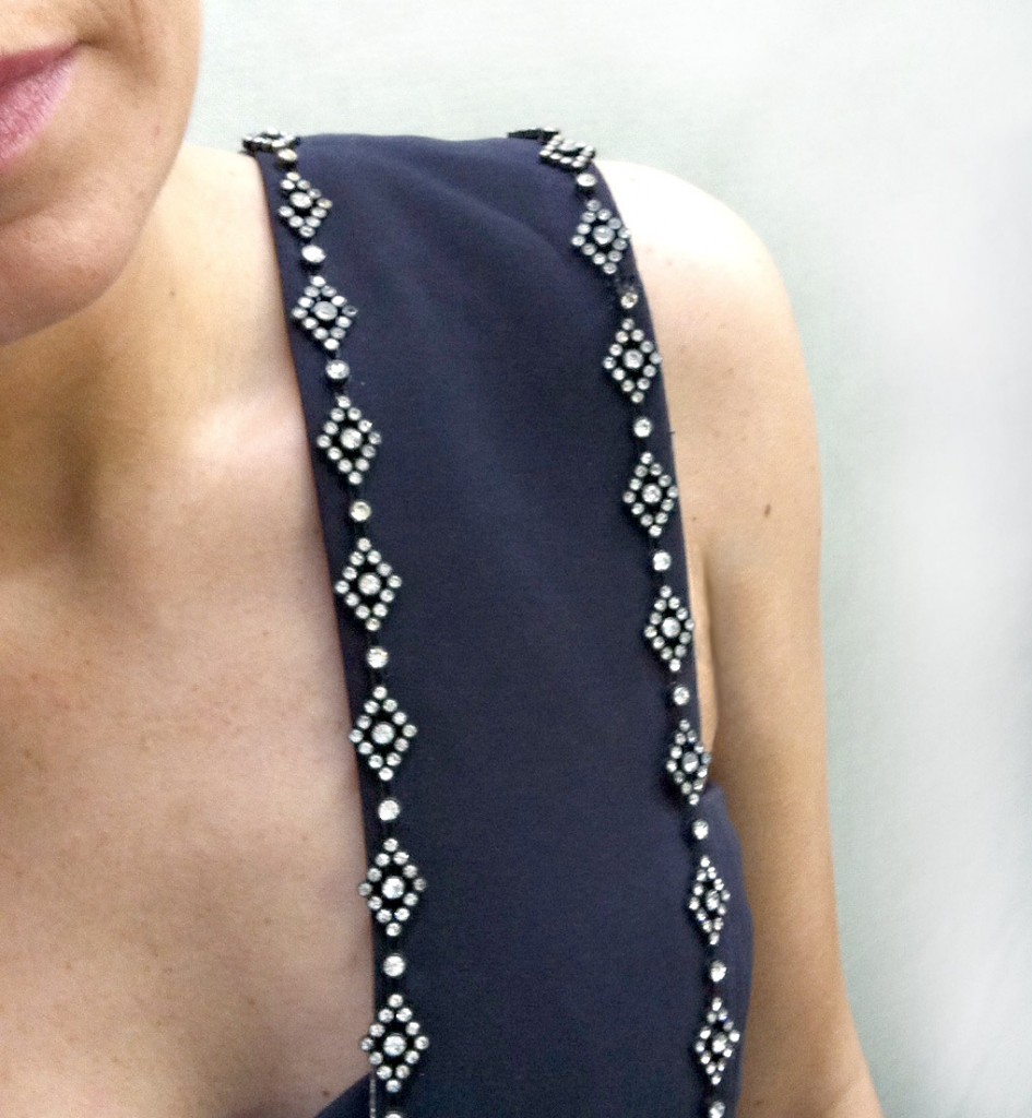 By Hand London Georgia dress pattern made with stretch viscose and rhinestone trim from Mood Fabrics.