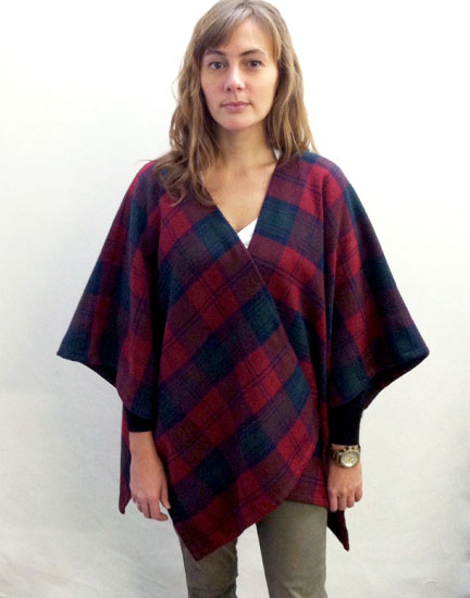 Easy-to-sew poncho made with plaid wool tartan from Mood Fabrics NYC.