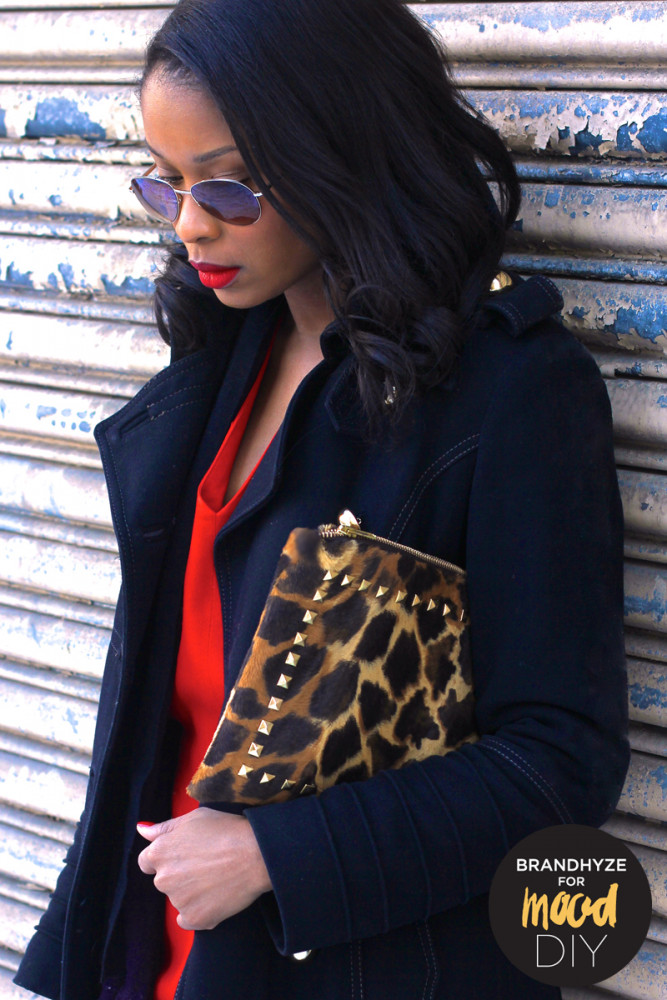 Faux Calf Hair Leopard Studded Clutch made with fabric and supplies from Mood NYC.
