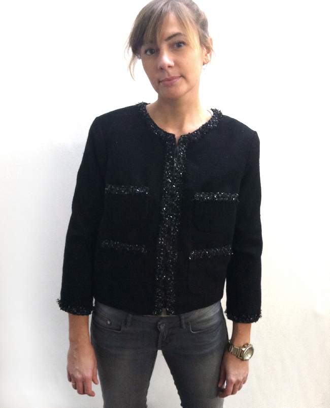Chanel-style boxy jacket made from Mood Fabrics' Italian metallic tweed, with metallic fringe, also from Mood.