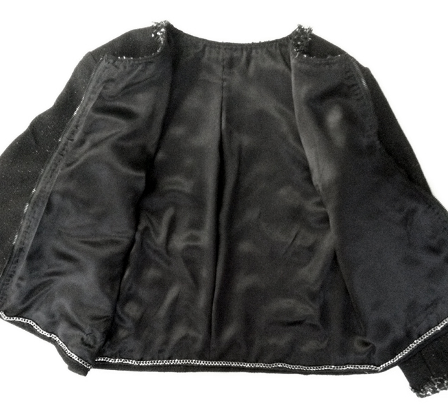 Chanel-style boxy jacket made from Mood Fabrics' Italian metallic tweed, with metallic fringe, also from Mood.