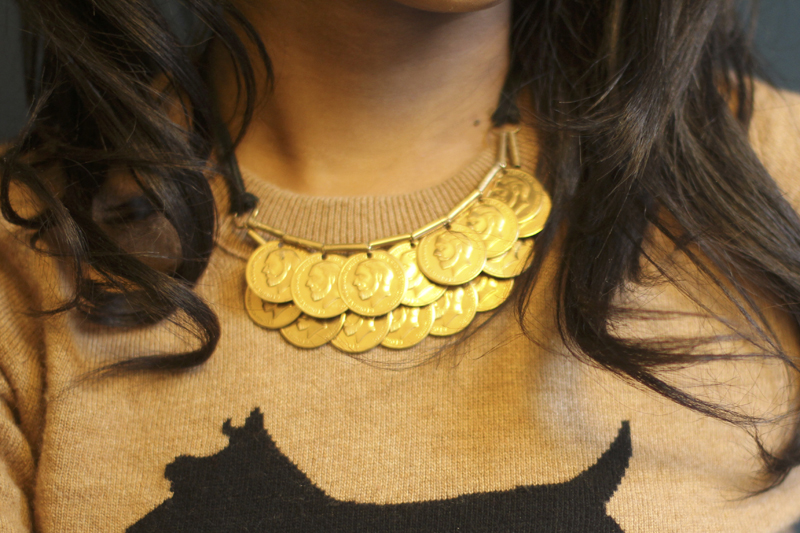 DIY gold coin pendant necklace modeled after one seen in Anthropologie and made with supplies from Mood Fabrics NYC.