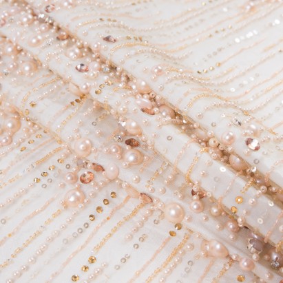 Peach and Beige Fancy Beaded Tulle